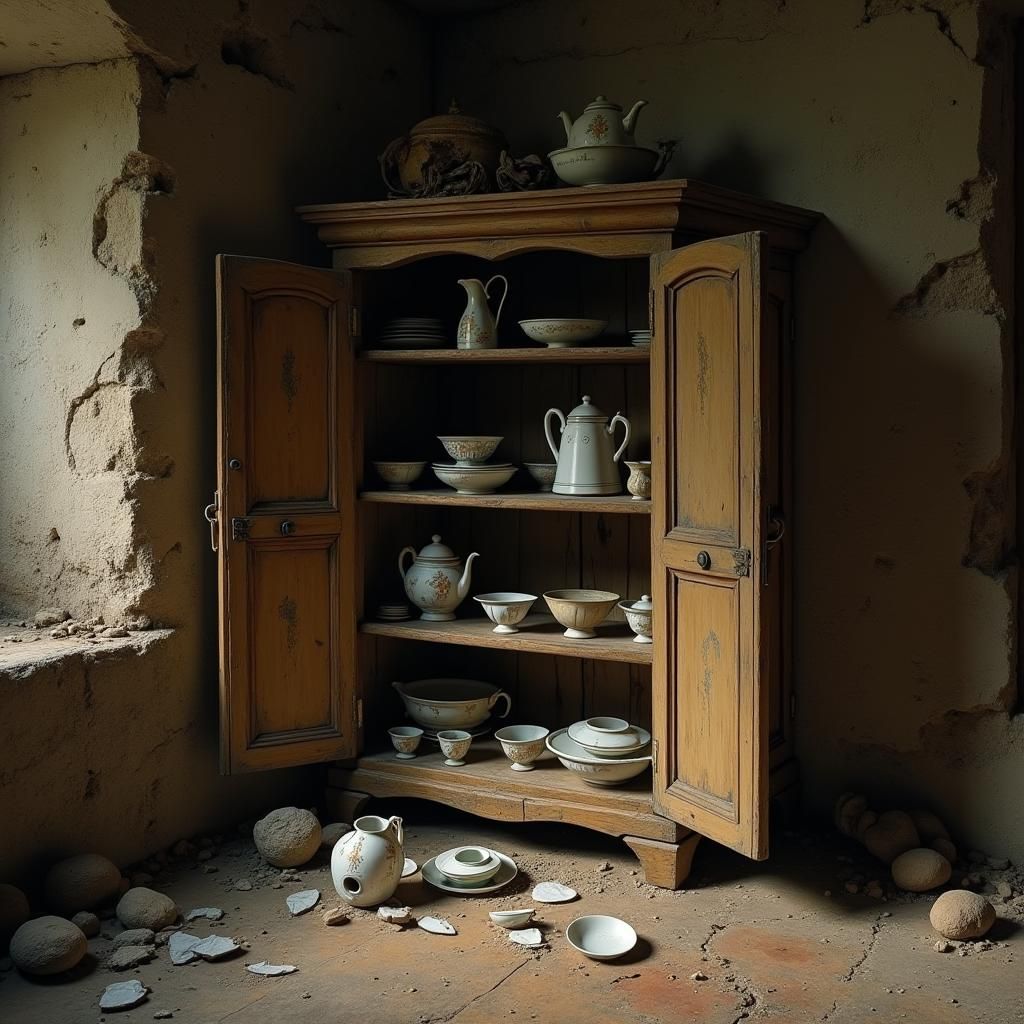 Broken Tableware in Crooked Cabinet: Oil Painting Texture