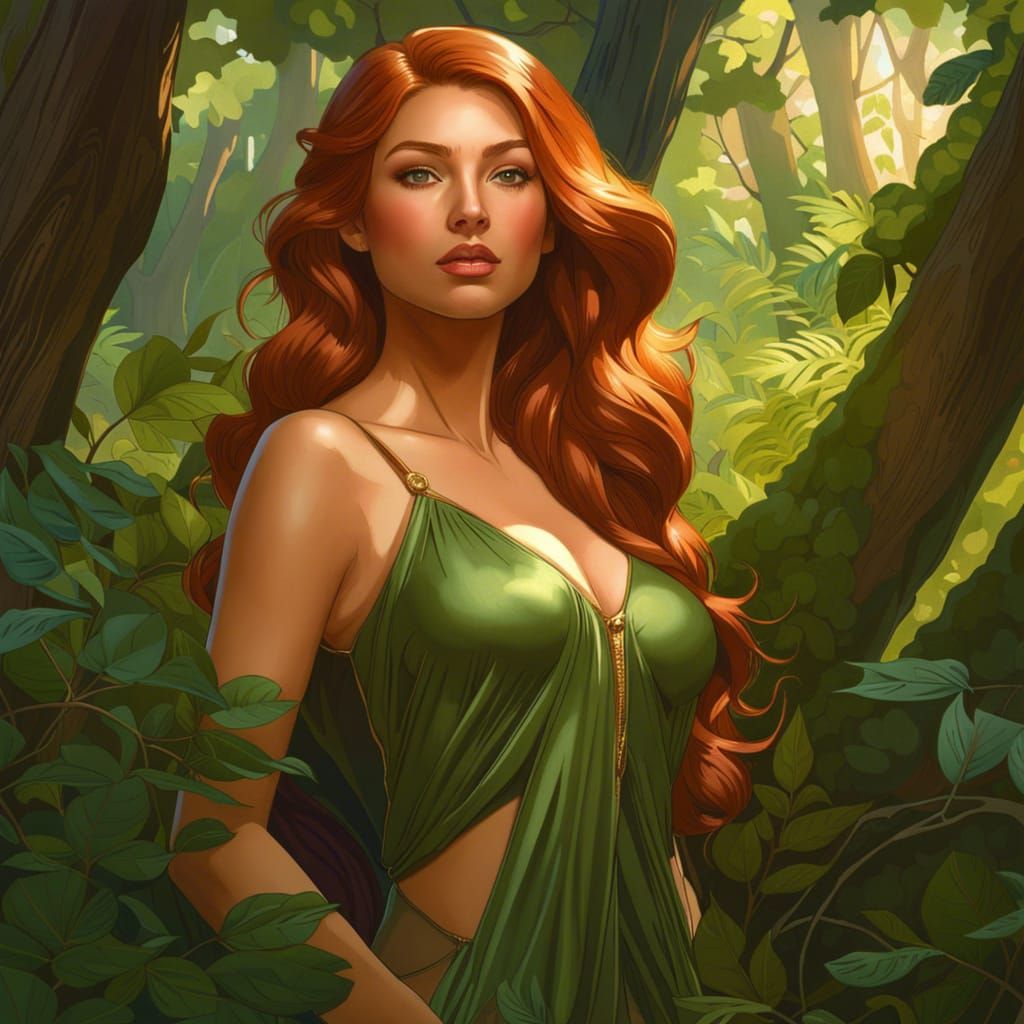 Voluptuous Beauty in Forest: Art Nouveau Style