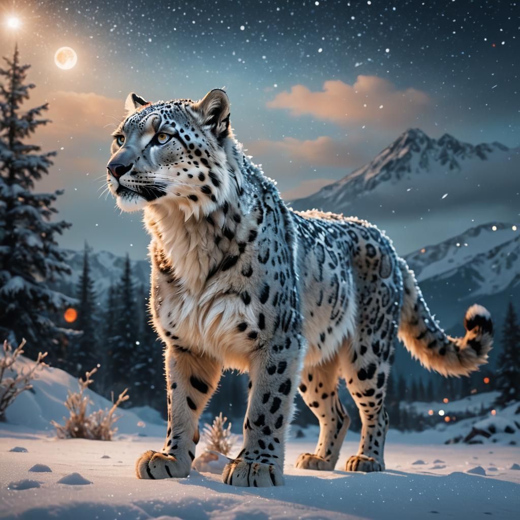 Snow Leopard Wolf Hybrid in Bioluminescent Snow