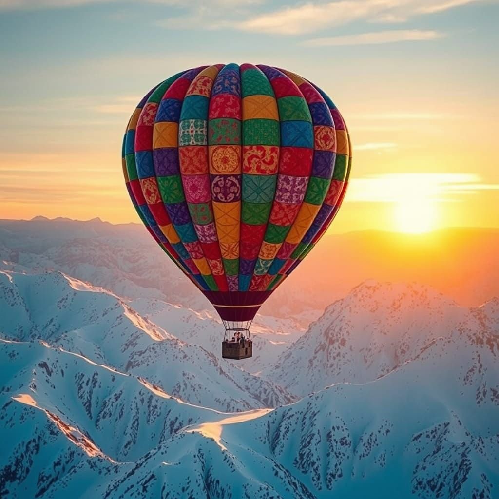 Vibrant Quilted Hot Air Balloon Over Snowy Mountains