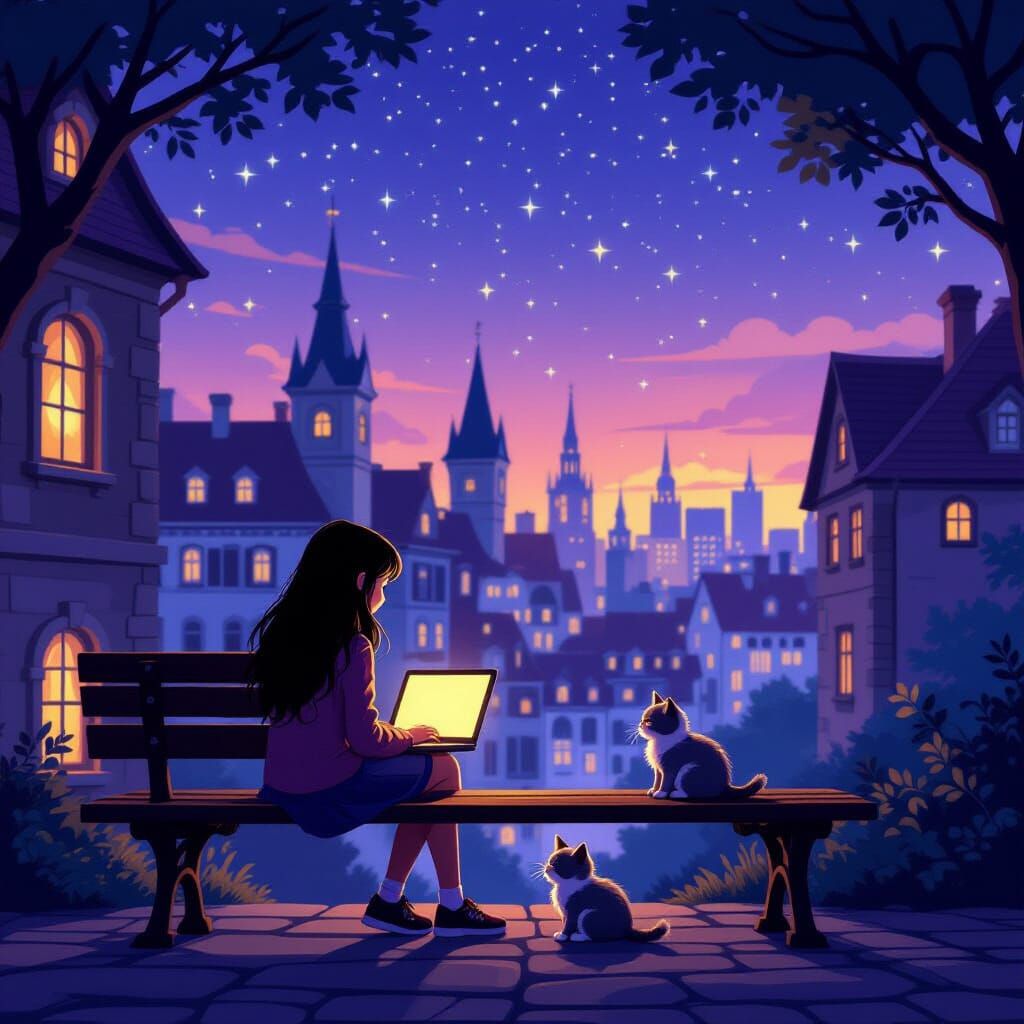 Girl and Kitten with Laptop in Starry City