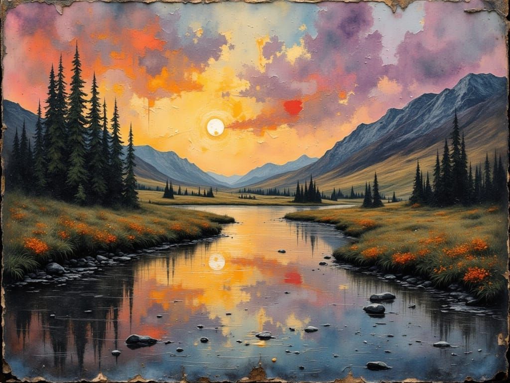Golden Sunset Valley Landscape in Painterly Style