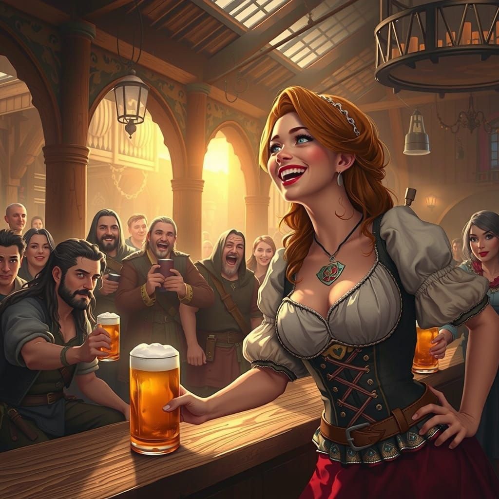 Whimsical Medieval Tavern Scene in Vibrant Golden Lighting