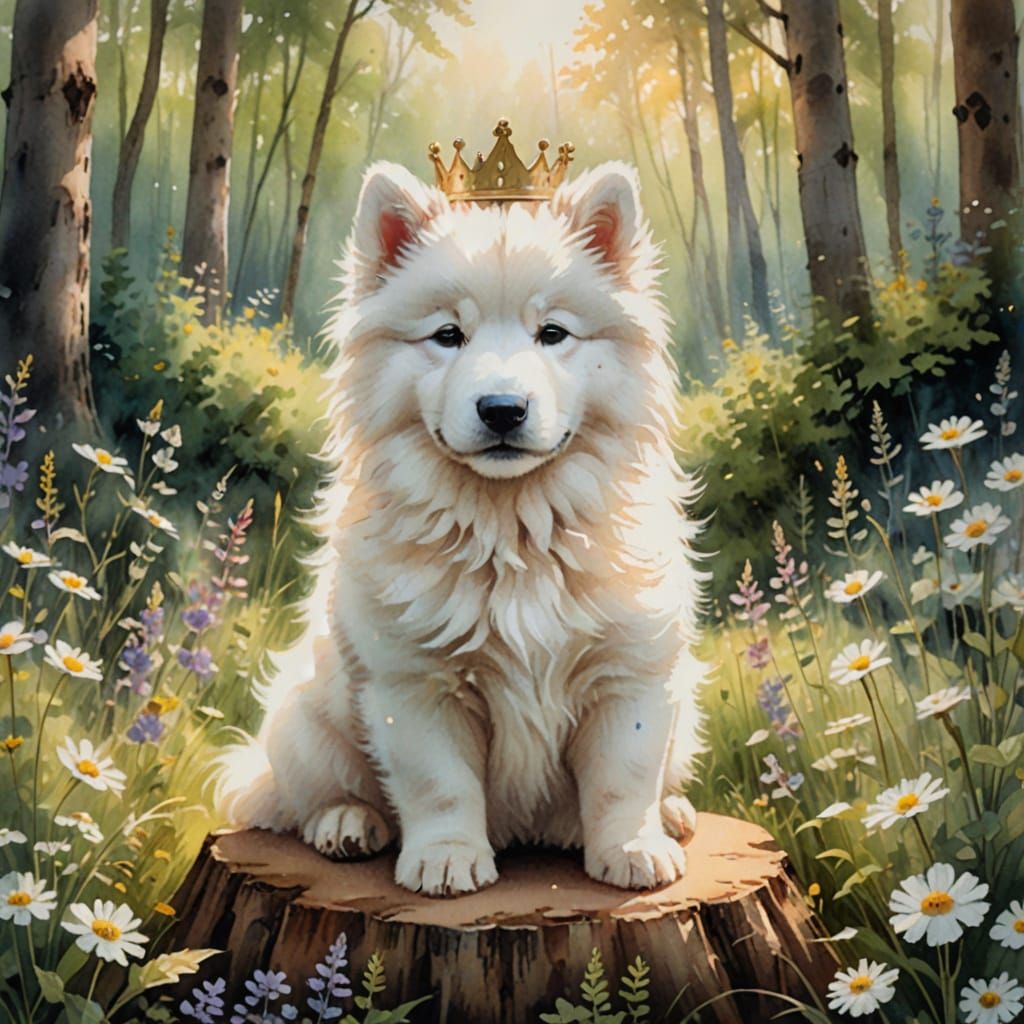 Whimsical Watercolor Samoyed Puppy in a Wildflower Crown