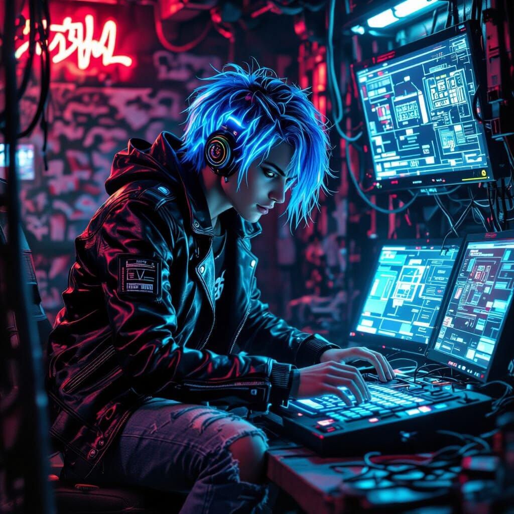 Cyberpunk Hacker in Dimly Lit Hideout