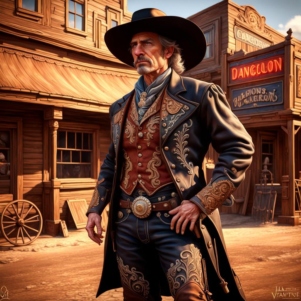 Proud Cowboy in Ornate Outfit in Old West Saloon