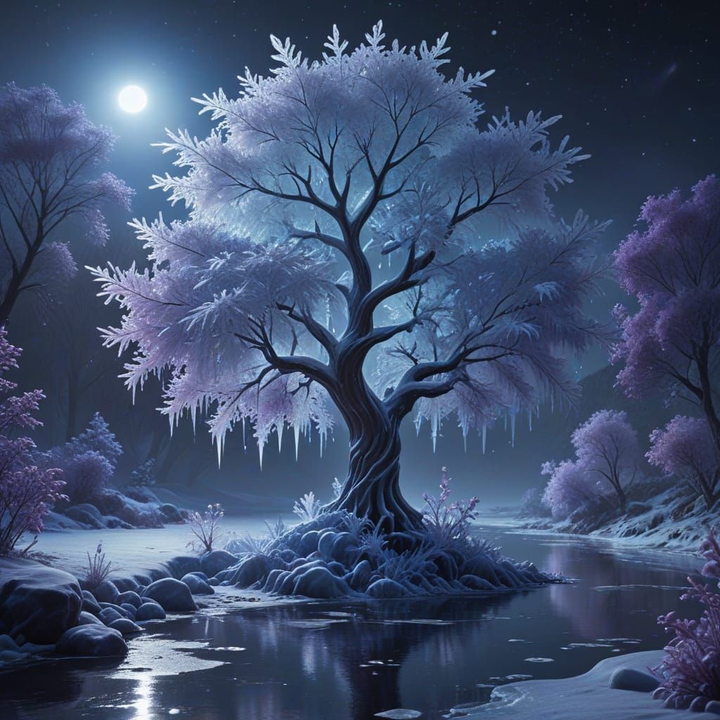 Ice Sculpture Tree by Misty River: Digital Matte Painting