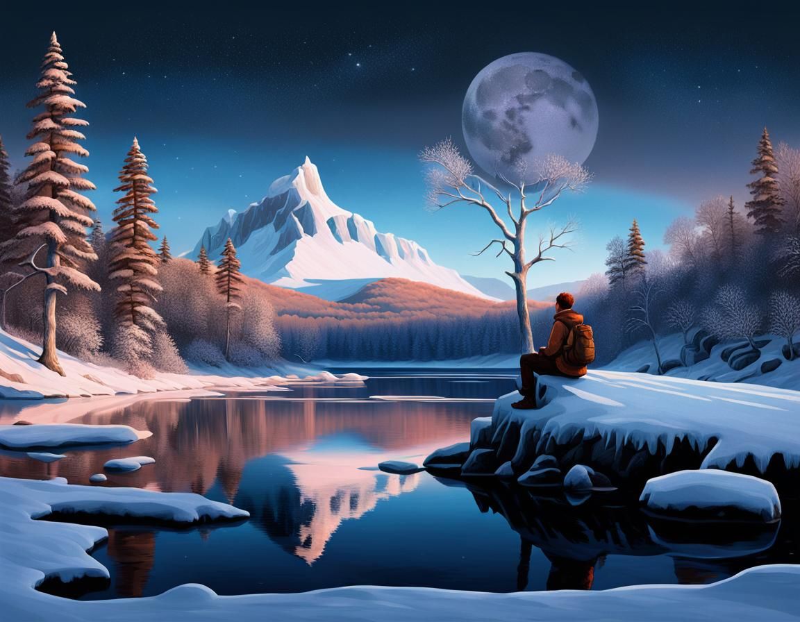 Lone Hiker by Frozen Lake: Hudson River School