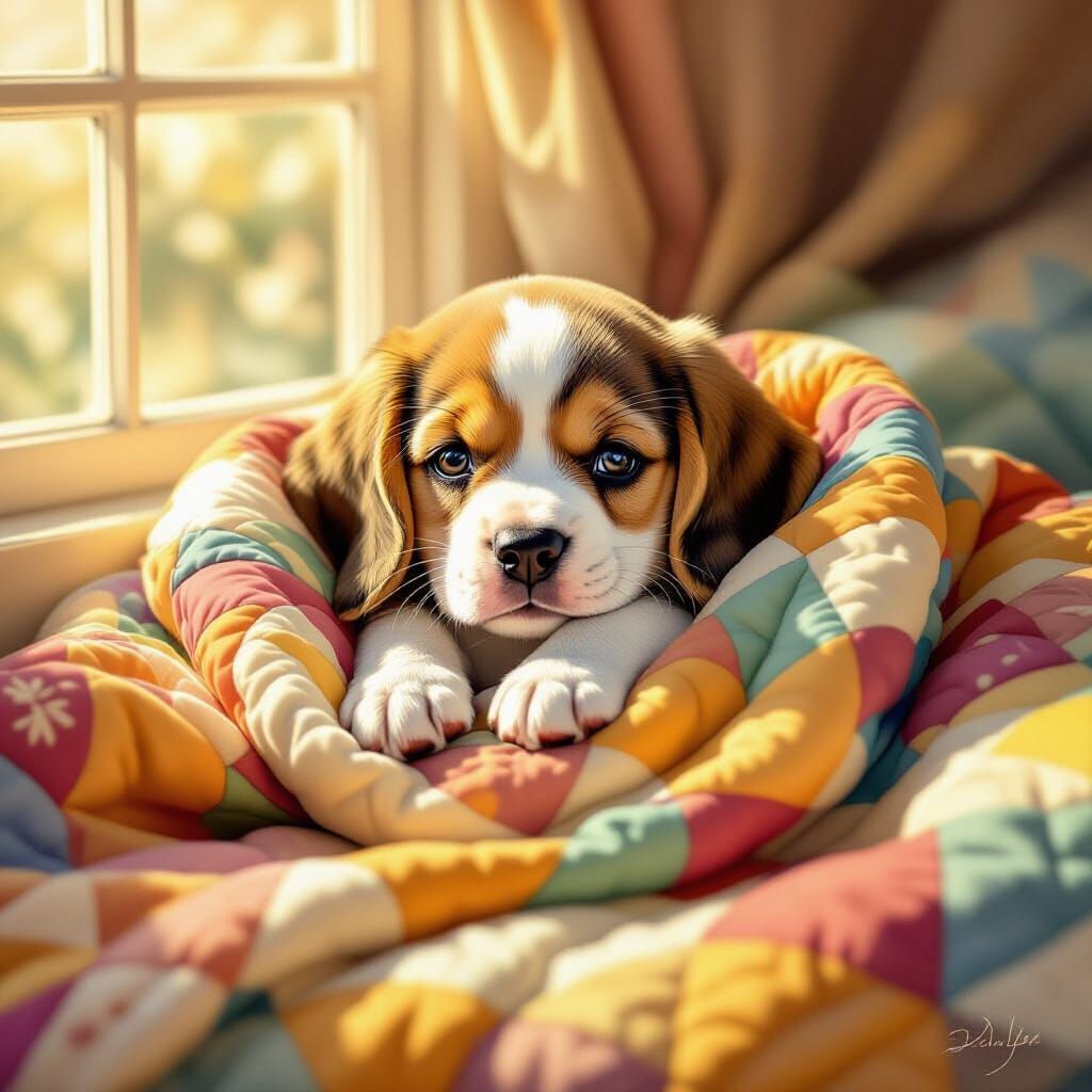 Beagle Puppy Snuggled in a Colorful Quilt