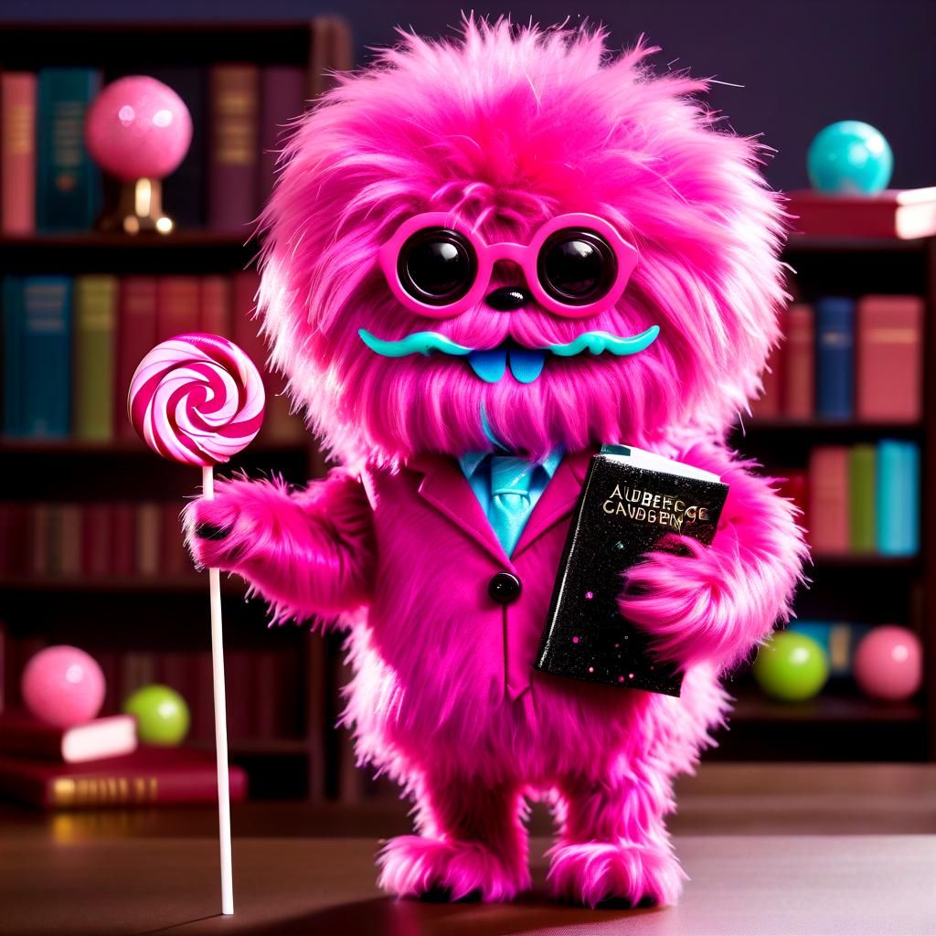 Cute Pink Monster Librarian with Eggplant