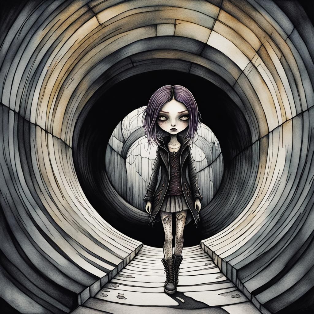 Goth Punk Girl Lost: Liquid Ink Watercolor Illustration