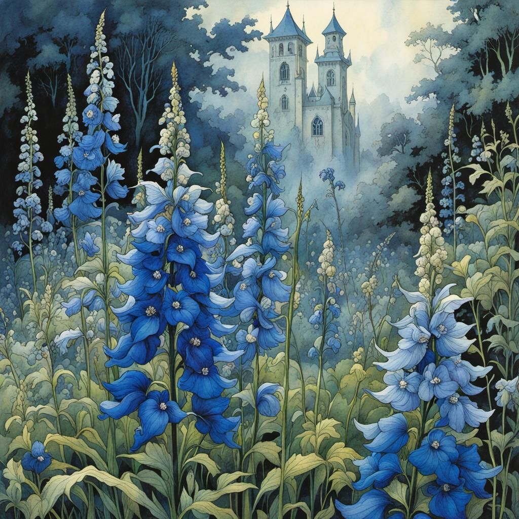 Delphinium and Monkshood Illustration in Fairy-Tale Style