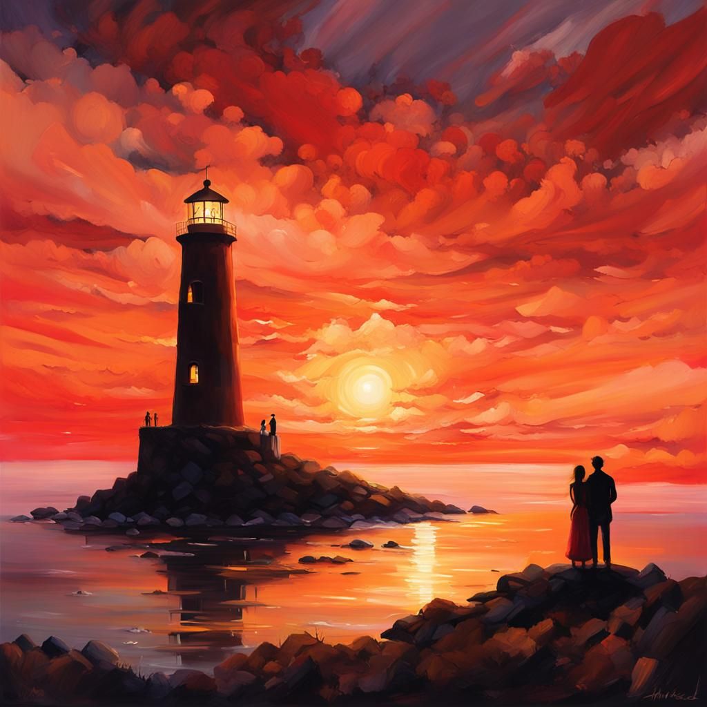 Romantic Couple Silhouetted at Sunset, Painterly Style