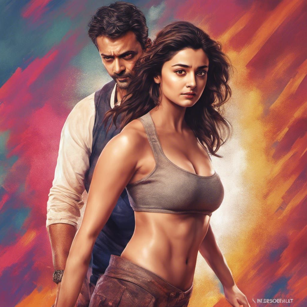 Hyperrealistic Muscular Woman with Man, Splash Art