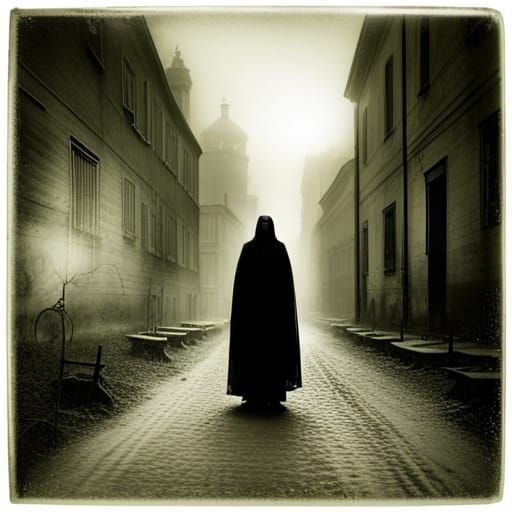 Ethereal Daguerreotype: Glowing Silhouette in Lost World