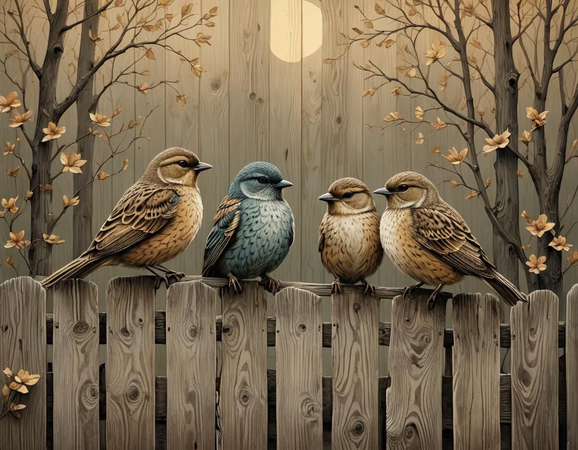 Birds on a Fence in Whimsical Folk Art Style