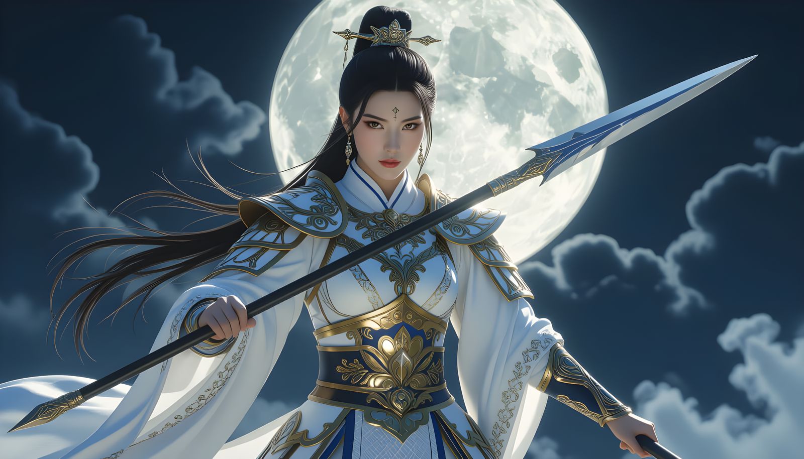 Chinese Warrior in White, Gold, and Blue Armor with Spear