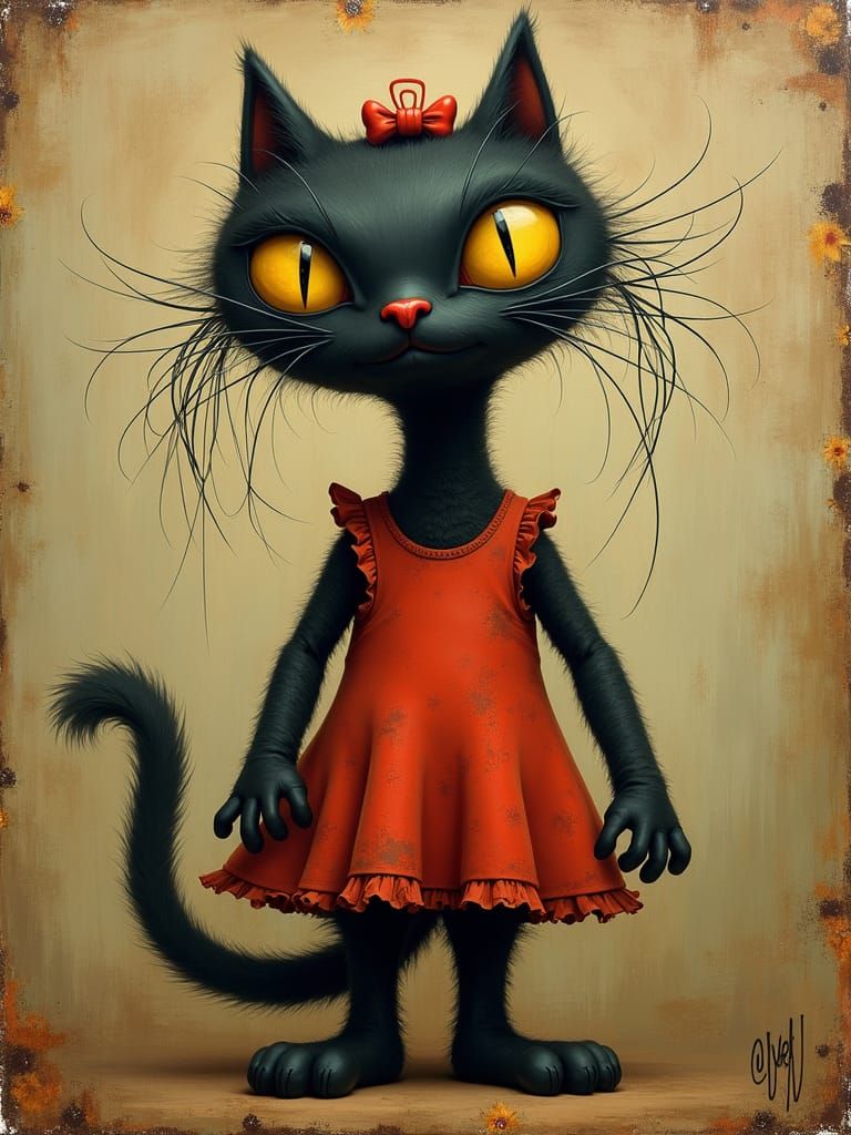 Whimsical Anthropomorphic Black Cat in Stylized Painting