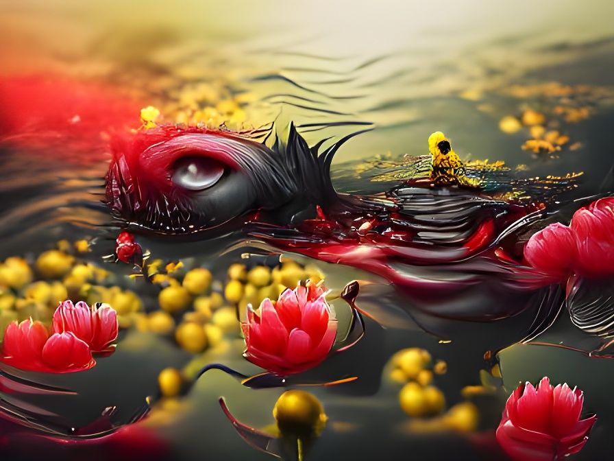 A yellow lotus with blood drops of red dew floating in black...