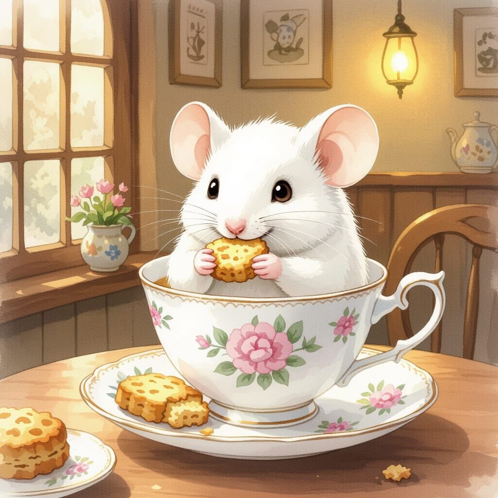 Giant Mouse Tea Party in Watercolor Style