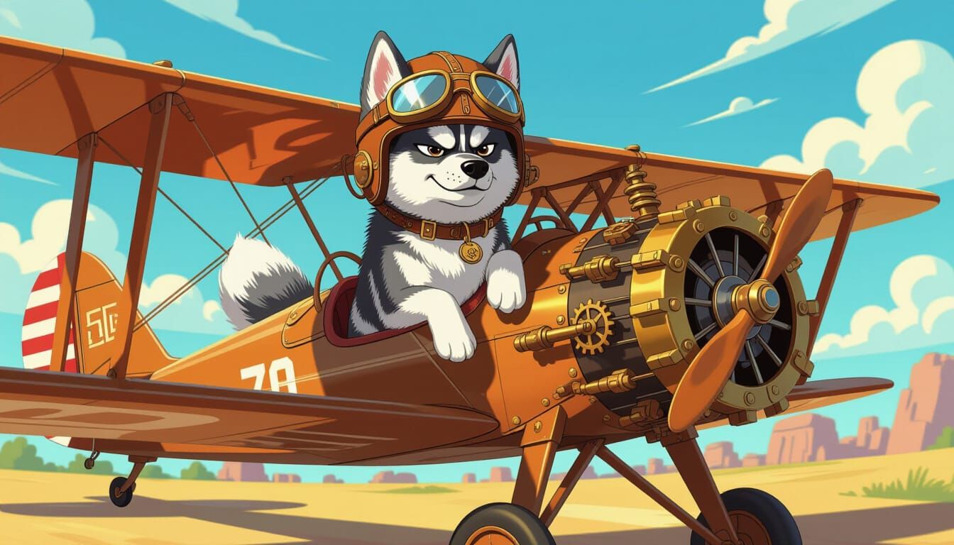 Steampunk Husky Pilot Flies Over Candy Landscape