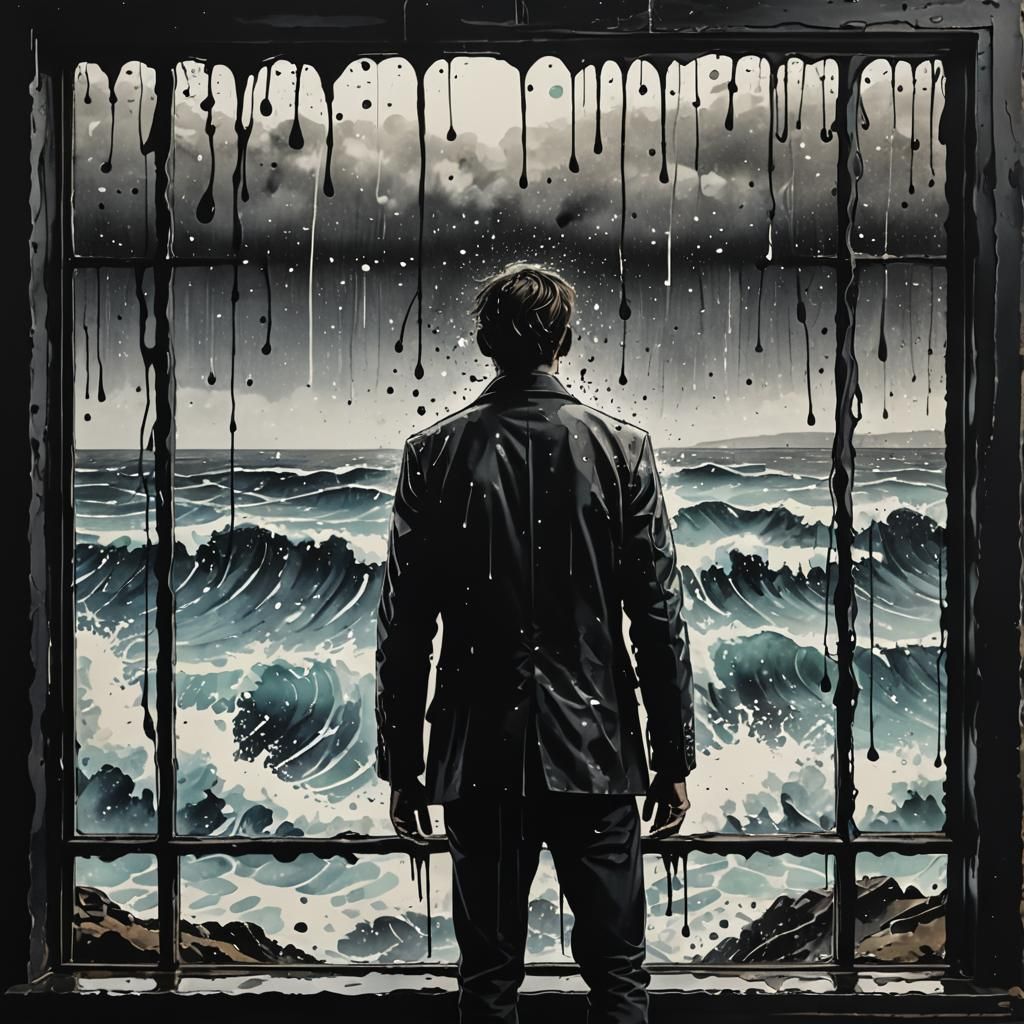 Abstract Realism: Figure at Window Watching Stormy Sea