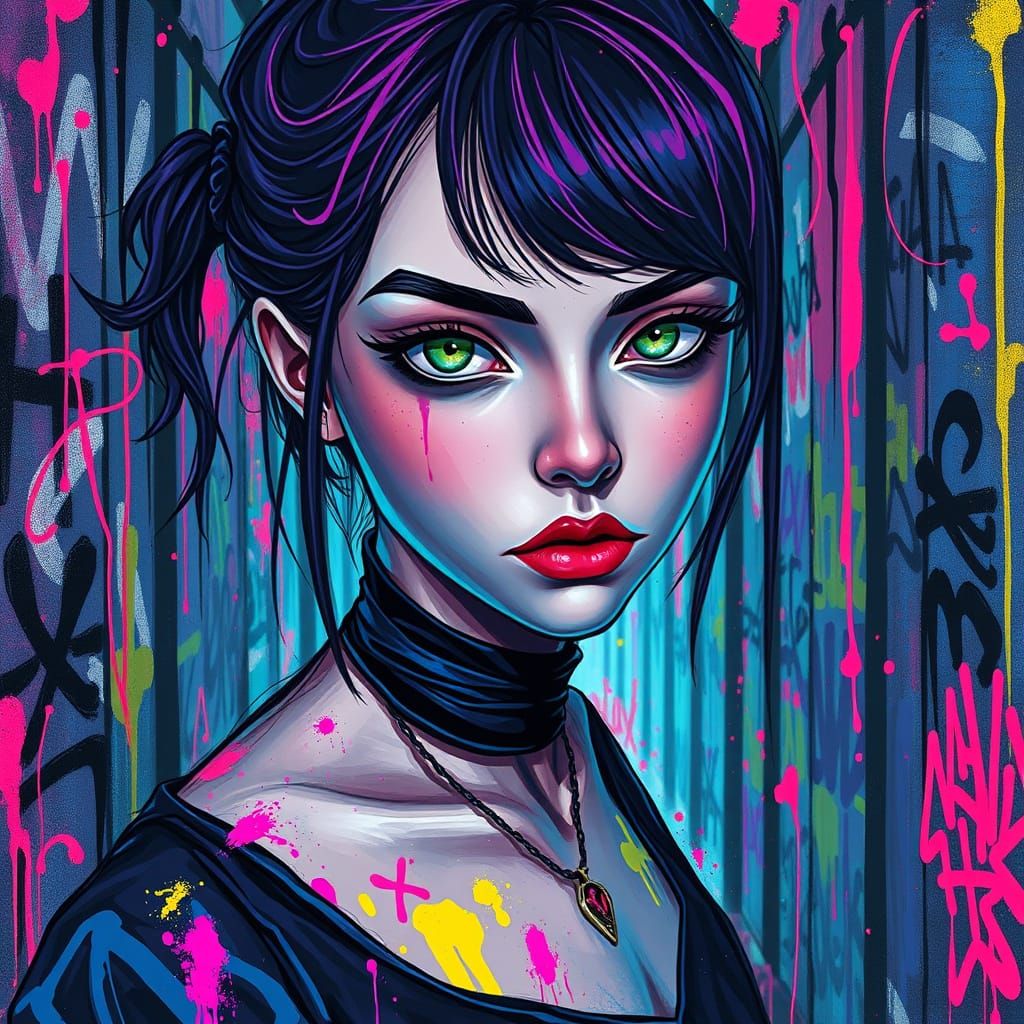Goth Digital Siren in High-Contrast Street Art Maze