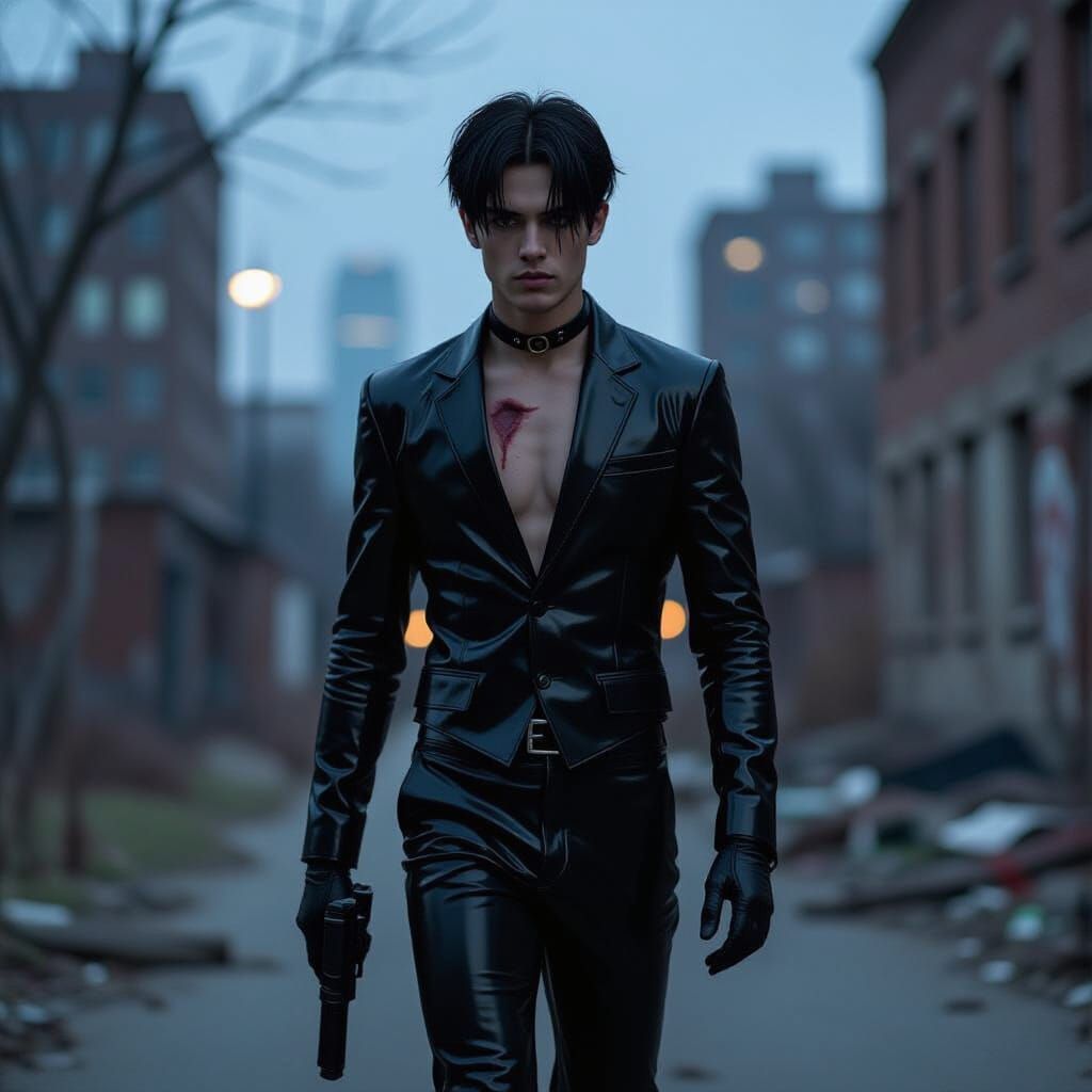 Man with Scars and Gun in City Ruins at Night