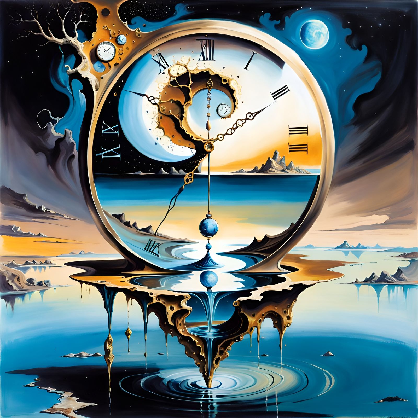 Surreal Melting Clocks in Dreamlike Hourglass Landscape
