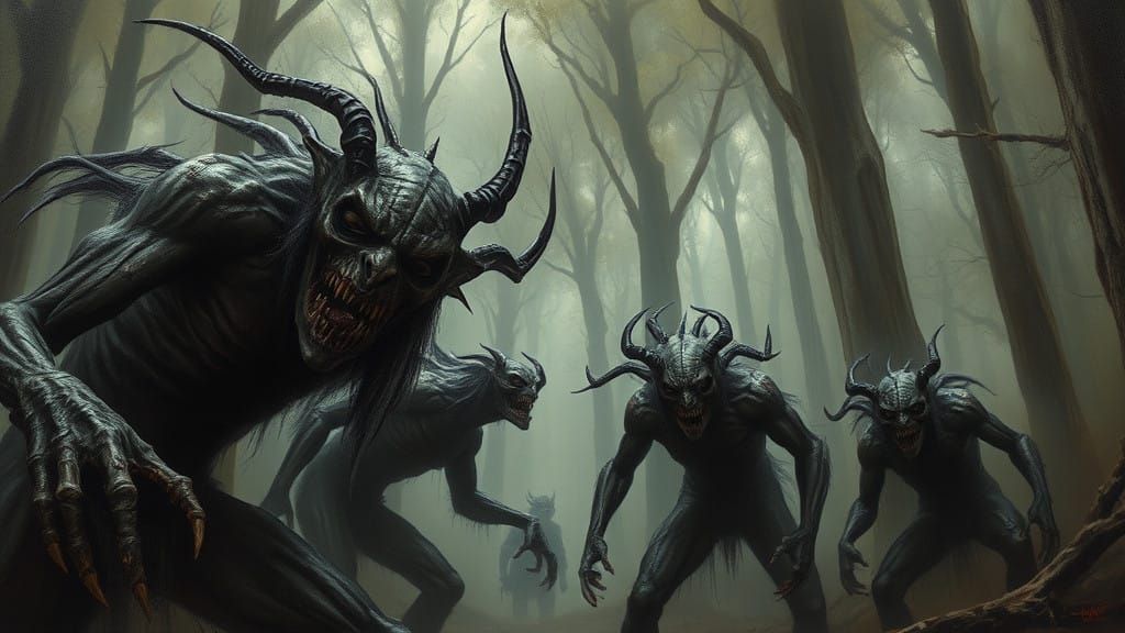 Ethereal Abyssal Scavengers in a Dark Forest Landscape