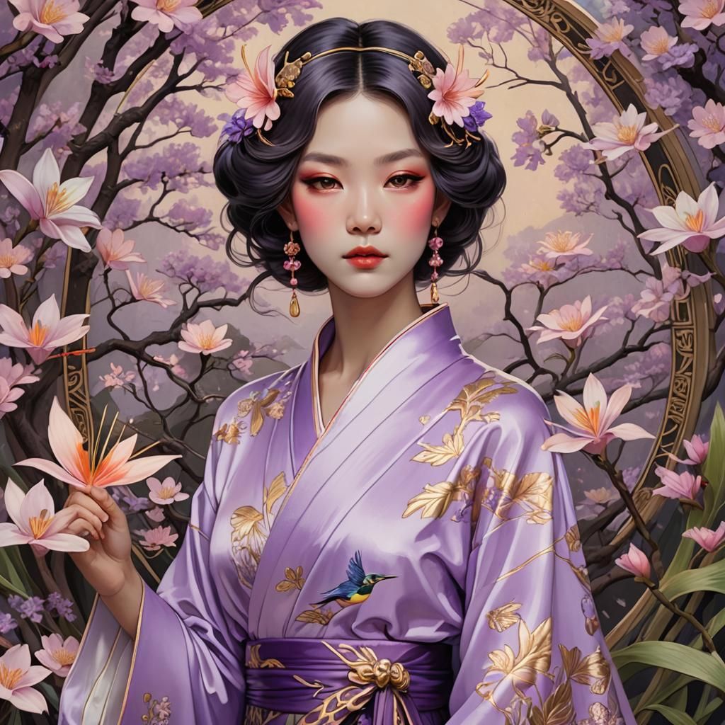 Lavender Kimono Portrait in Art Nouveau Style