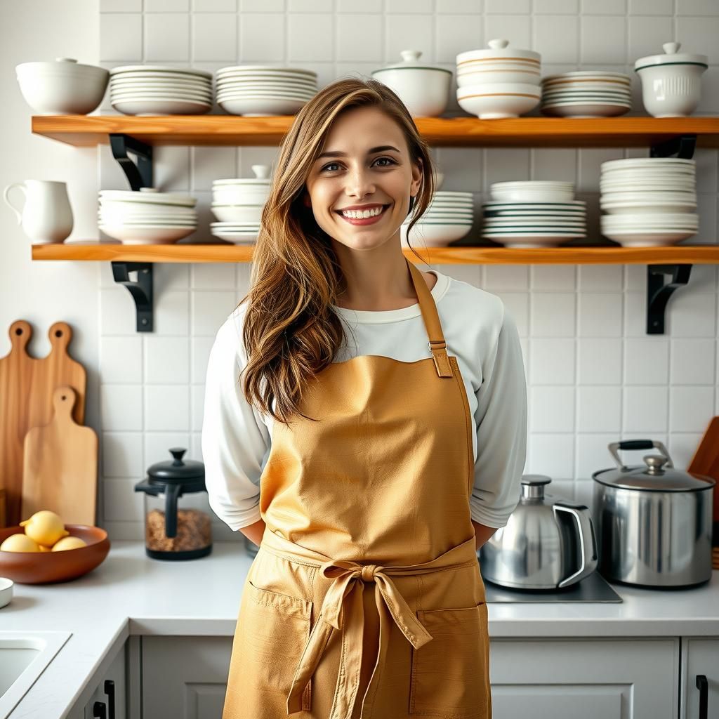 Smiling Woman in Kitchen, Superflat Style Stock Photo