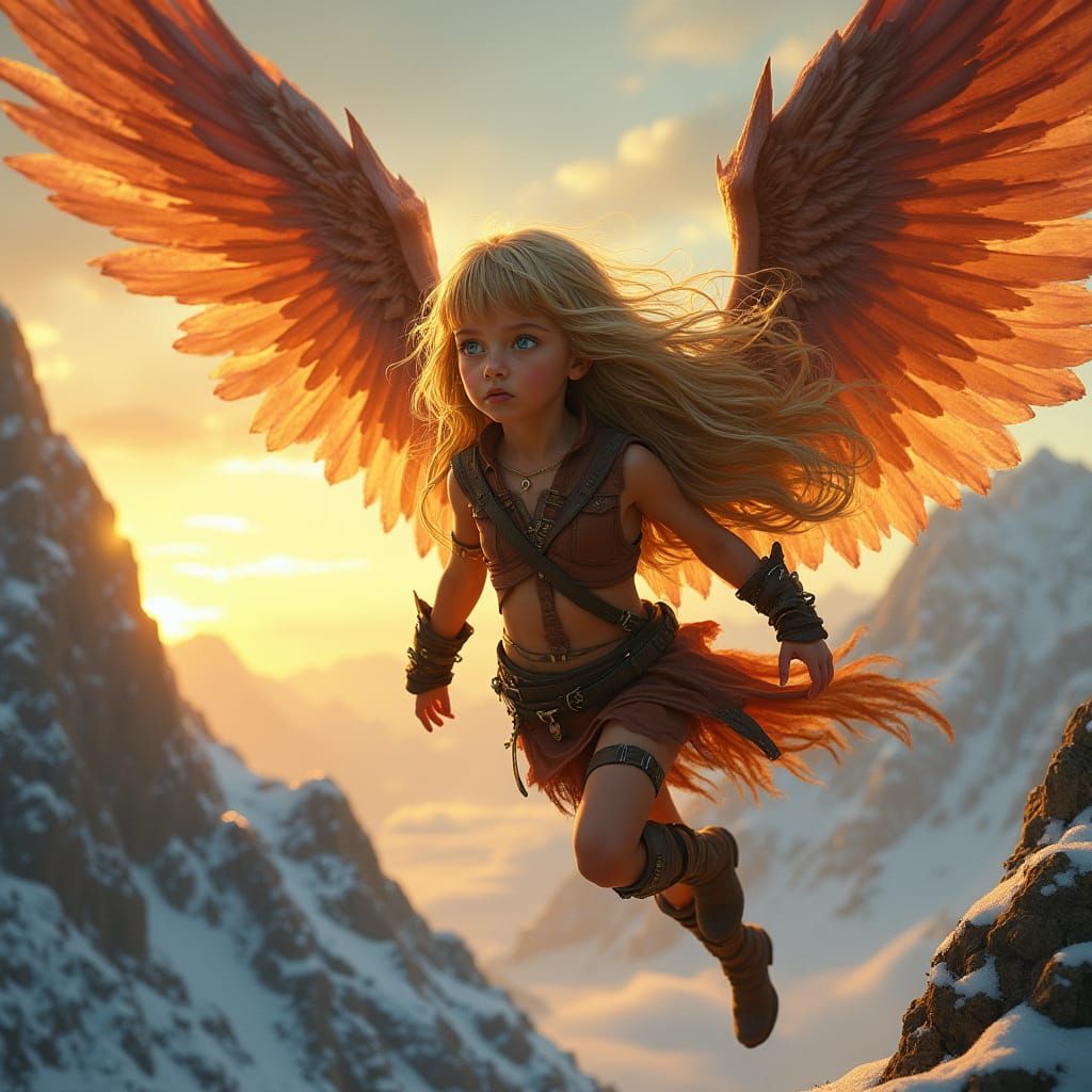 Golden-Haired Girl Soars Over Snowy Mountains