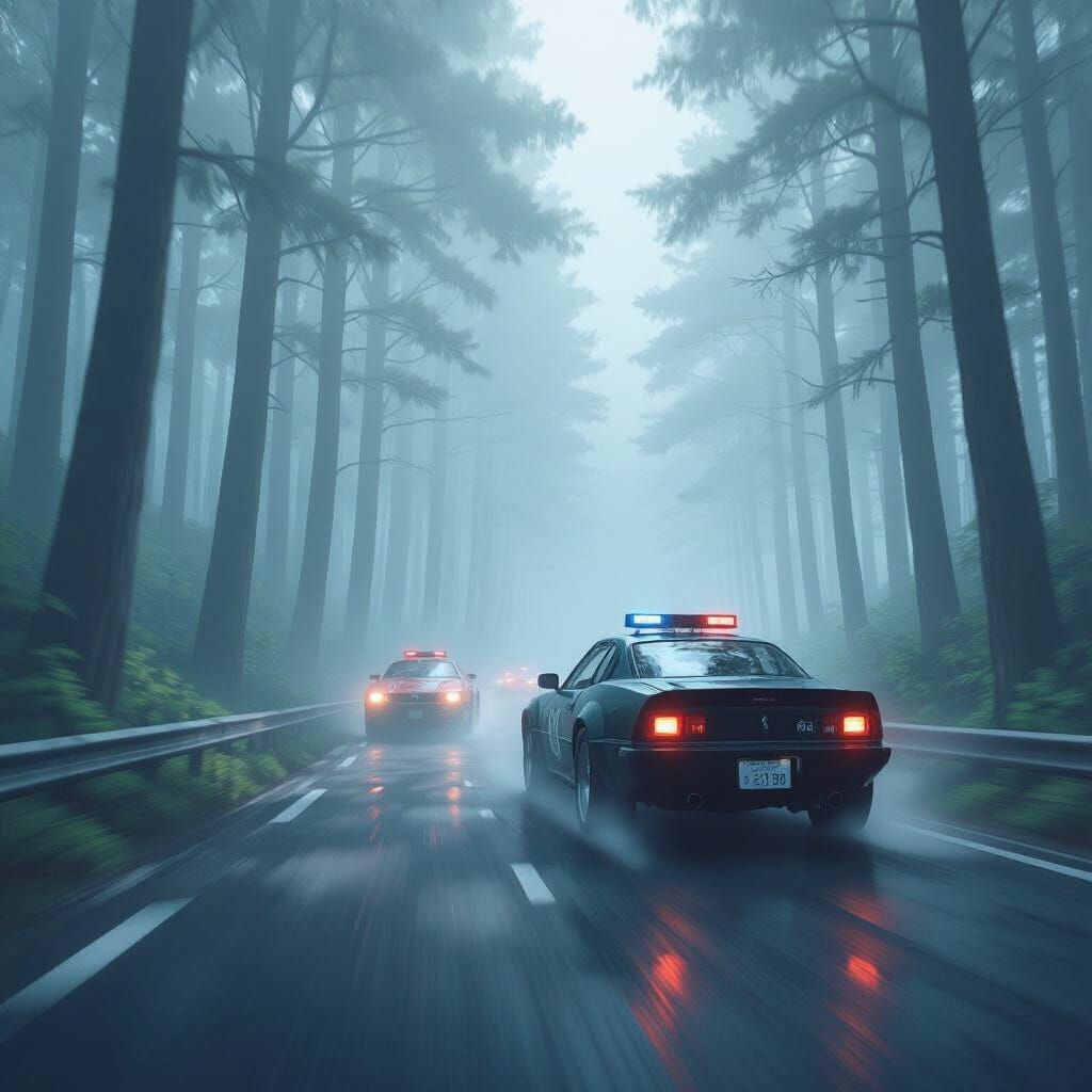 High Speed Cop Chase Through Foggy Woods in Anime Style