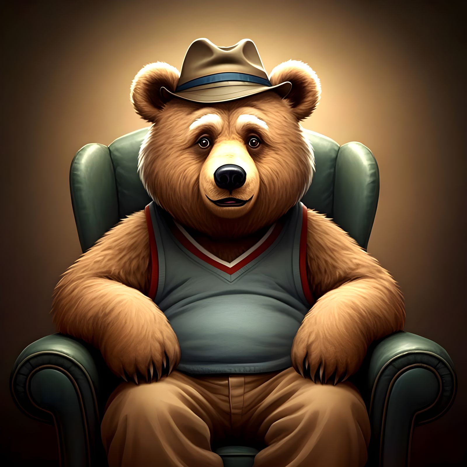 Grandpa Bear Discusses Sports and Politics in Cozy Setting