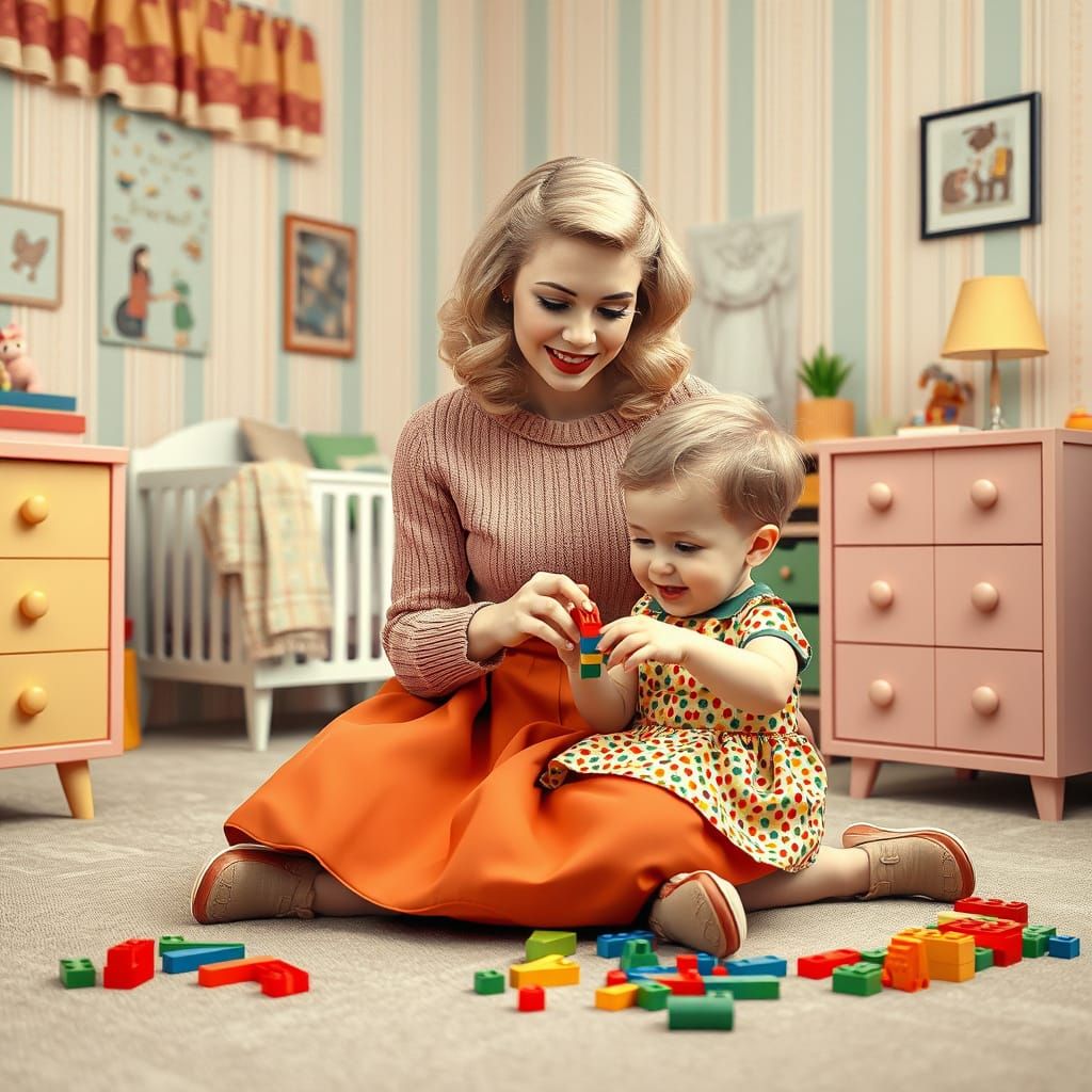 Blonde Pinup Mother Builds with Her Little One in a Retro Nu...