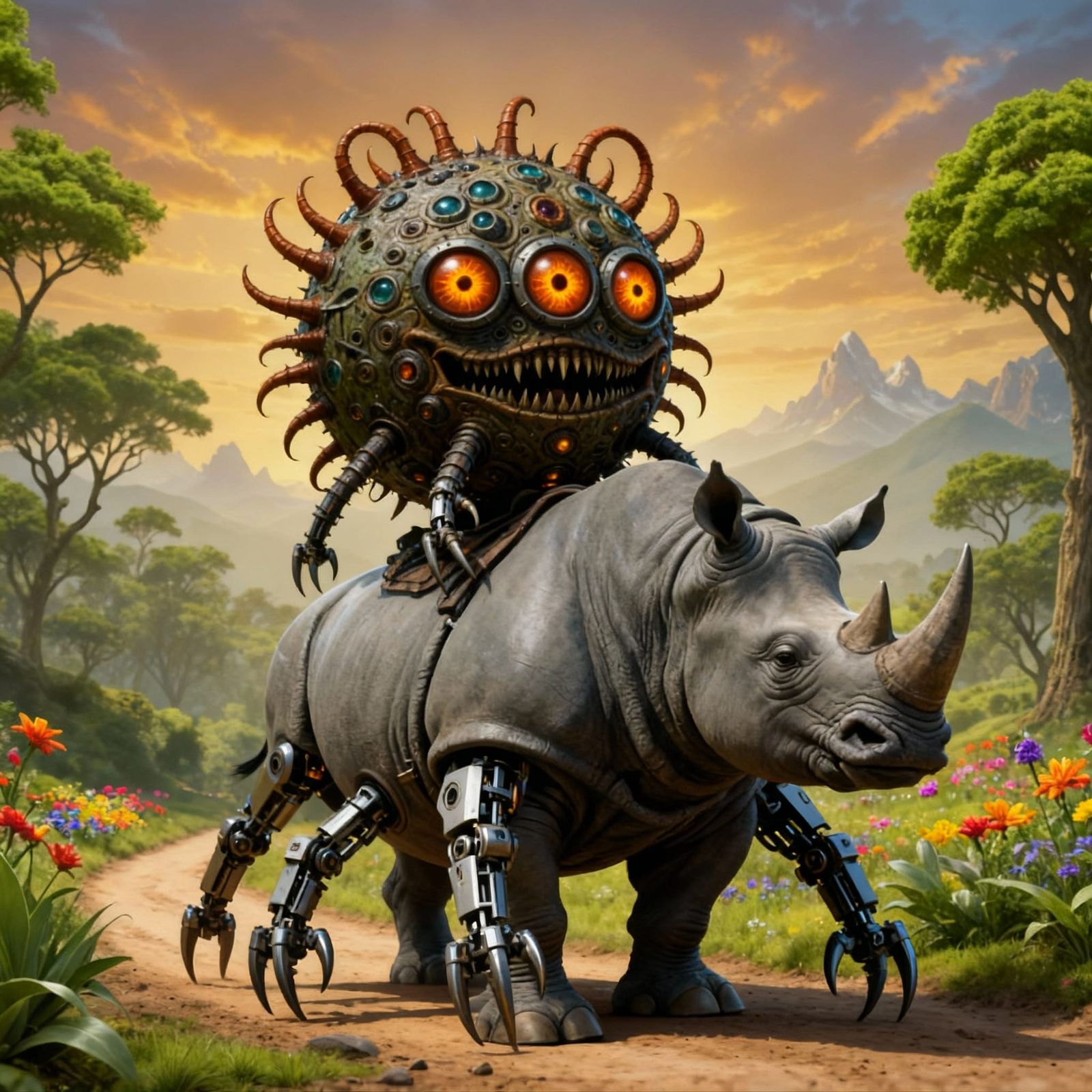 Alien Creature Rides Majestic Rhino Through Forest