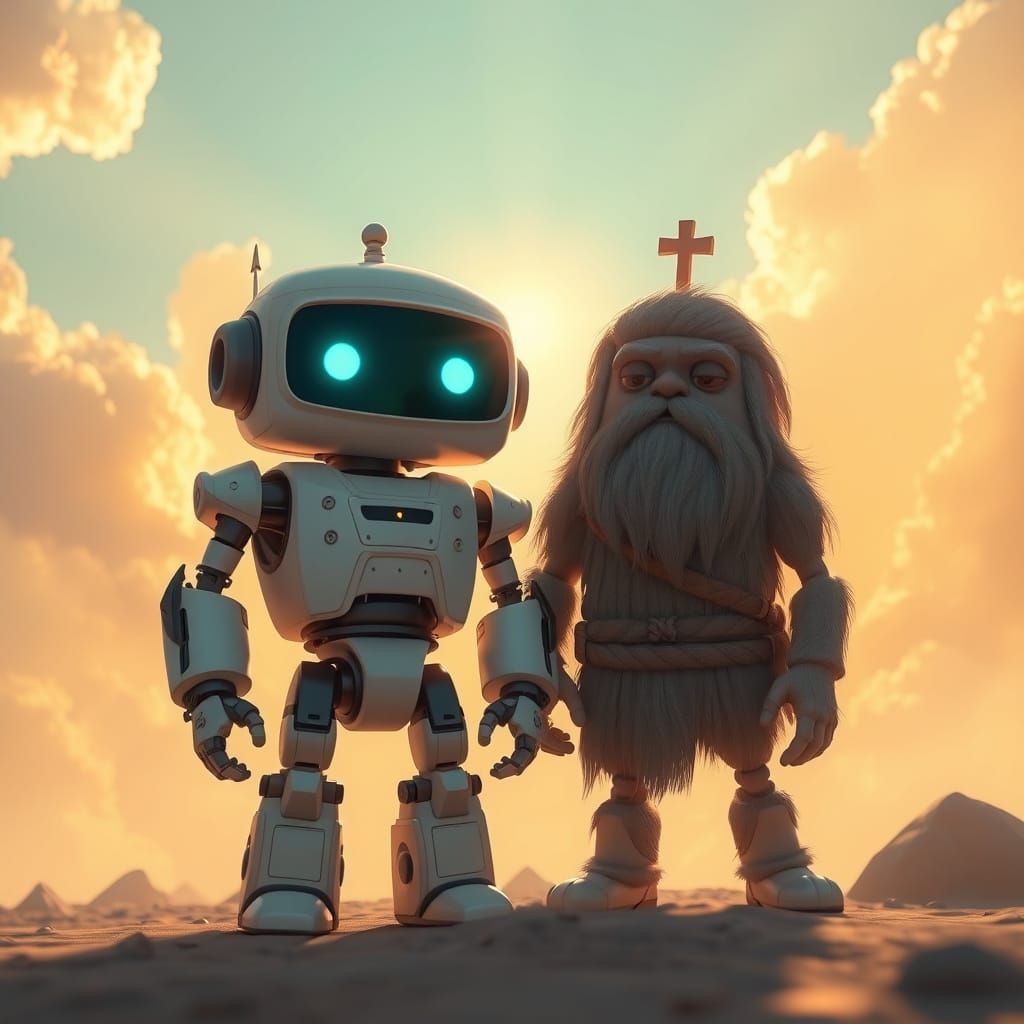 Robot and Caveman Under Divine Sunshine