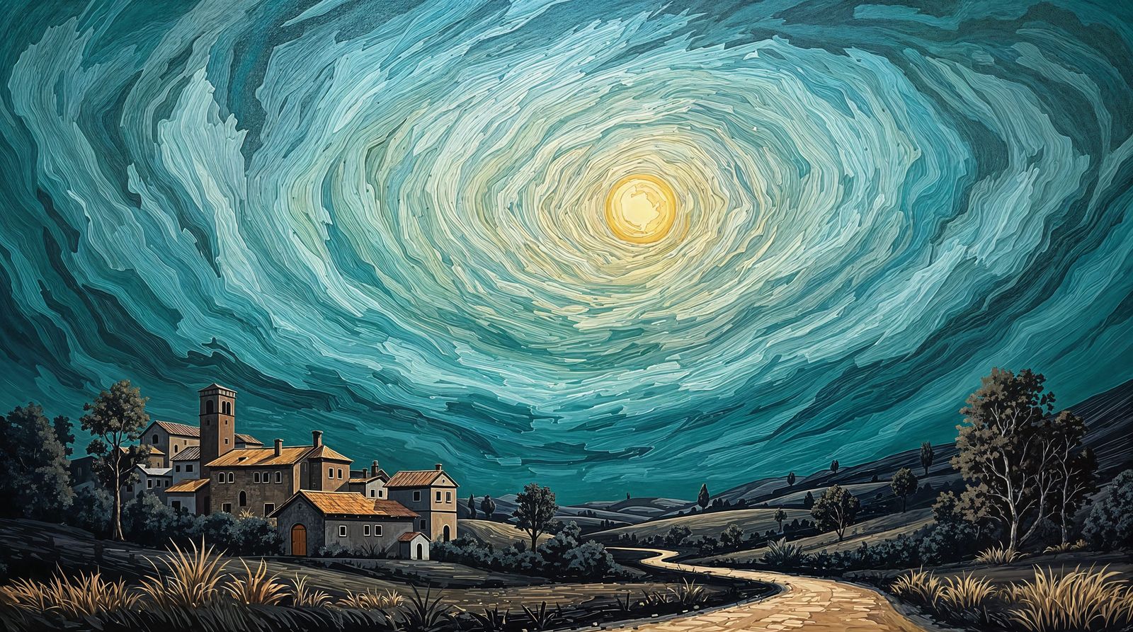 Vibrant Village Beneath Turbulent Skies in Post-Impressionis...