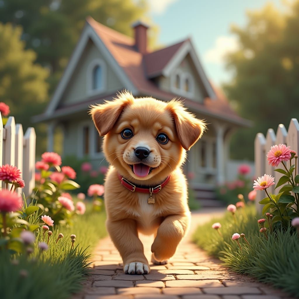 Puppy's Garden Adventure: A Photorealistic Concept Art Scene