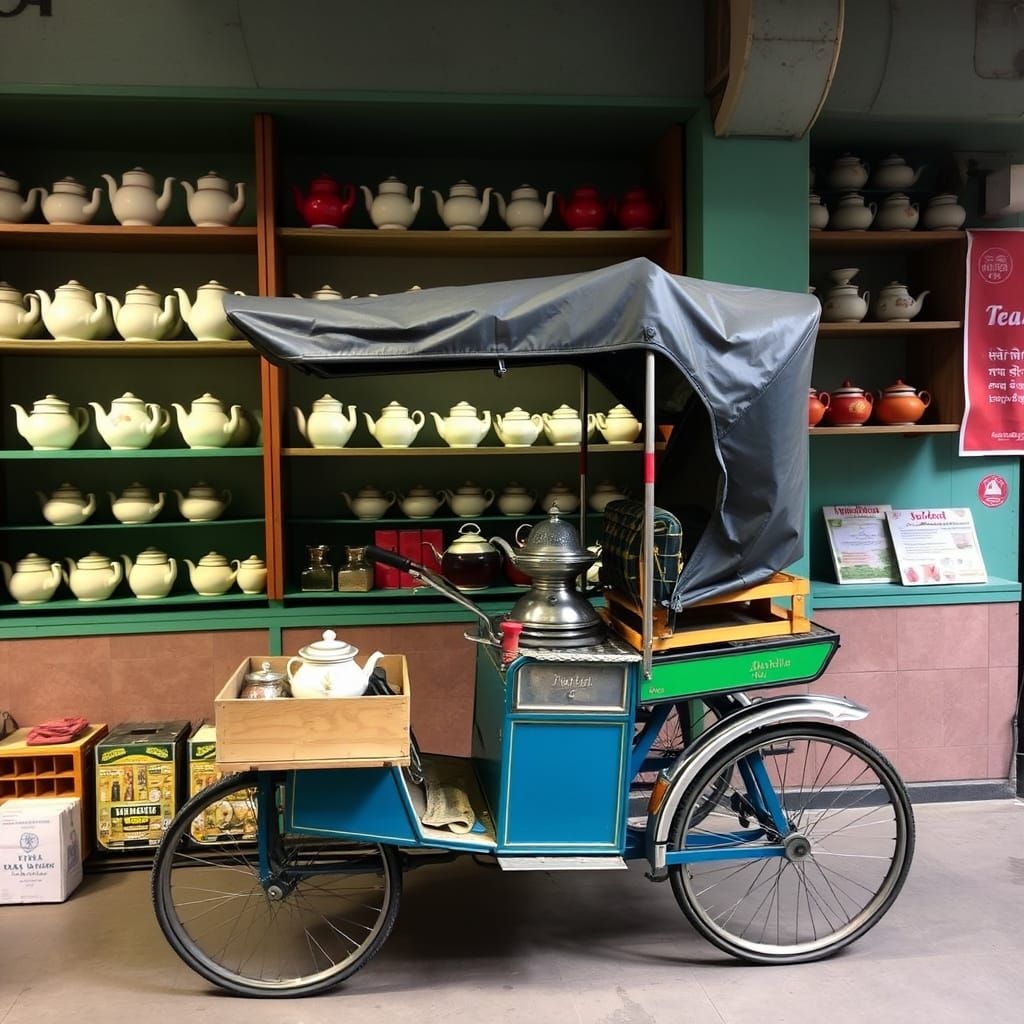 Jinriksha Rickshaw in Front of Teapots