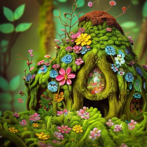 Psychedelic Mossy Fairy House in Hyperreal Style