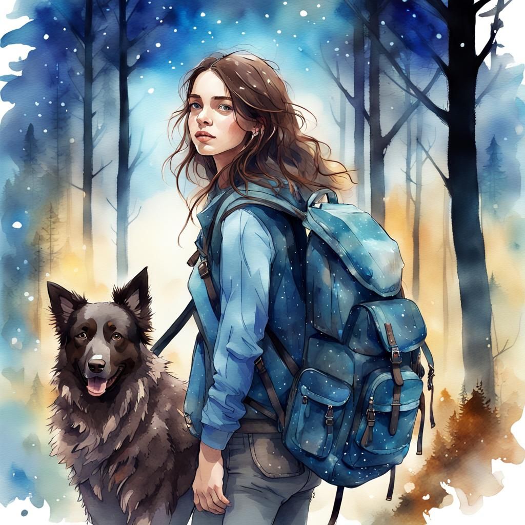 Woman Hiking with Dog in Watercolor Forest