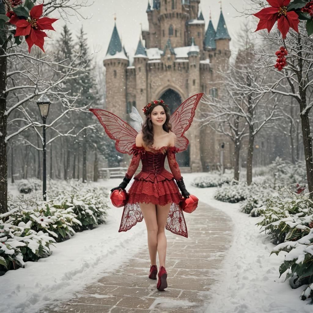 Vintage Christmas Fairy in Snowy Winter Scene