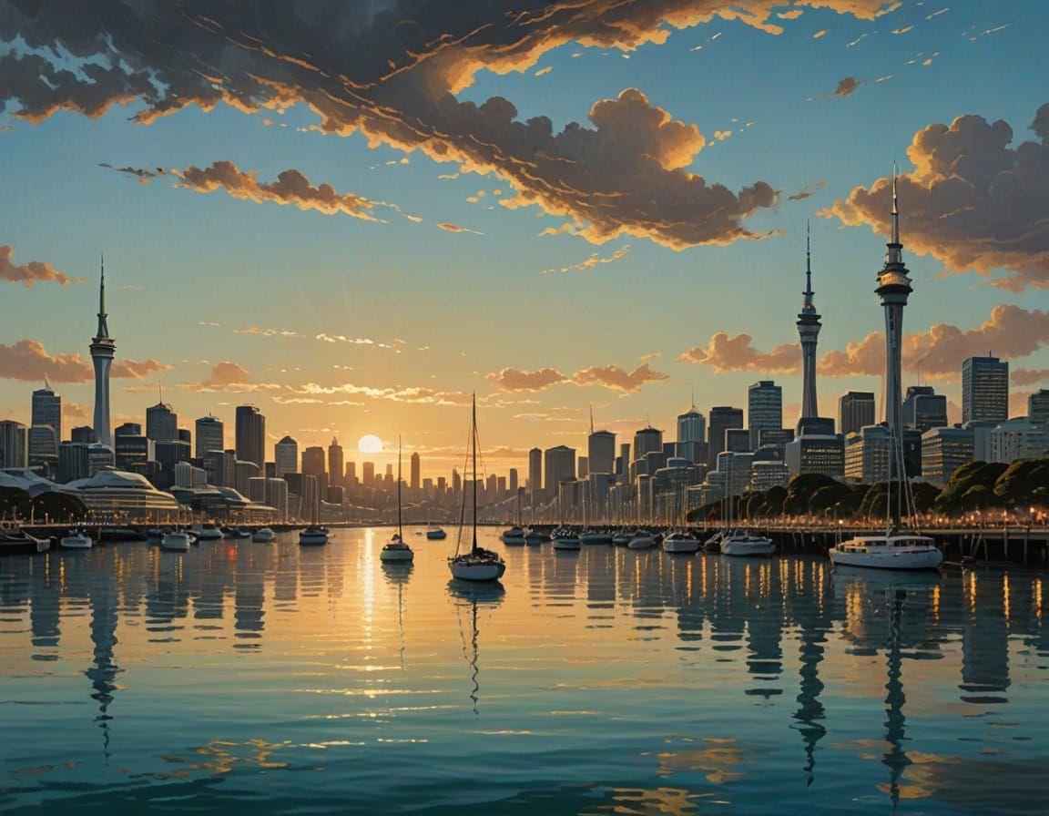 Panoramic View of Auckland Harbour in Vibrant Turquoise and....