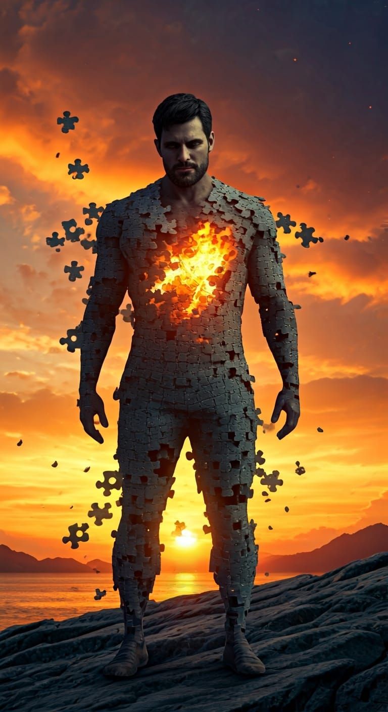 Puzzle Piece Man on Cliff at Sunset