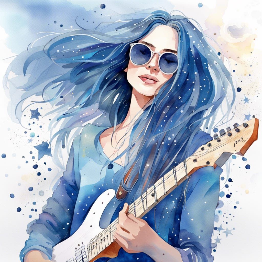 Blue Guitar: Watercolor Portrait of a Woman