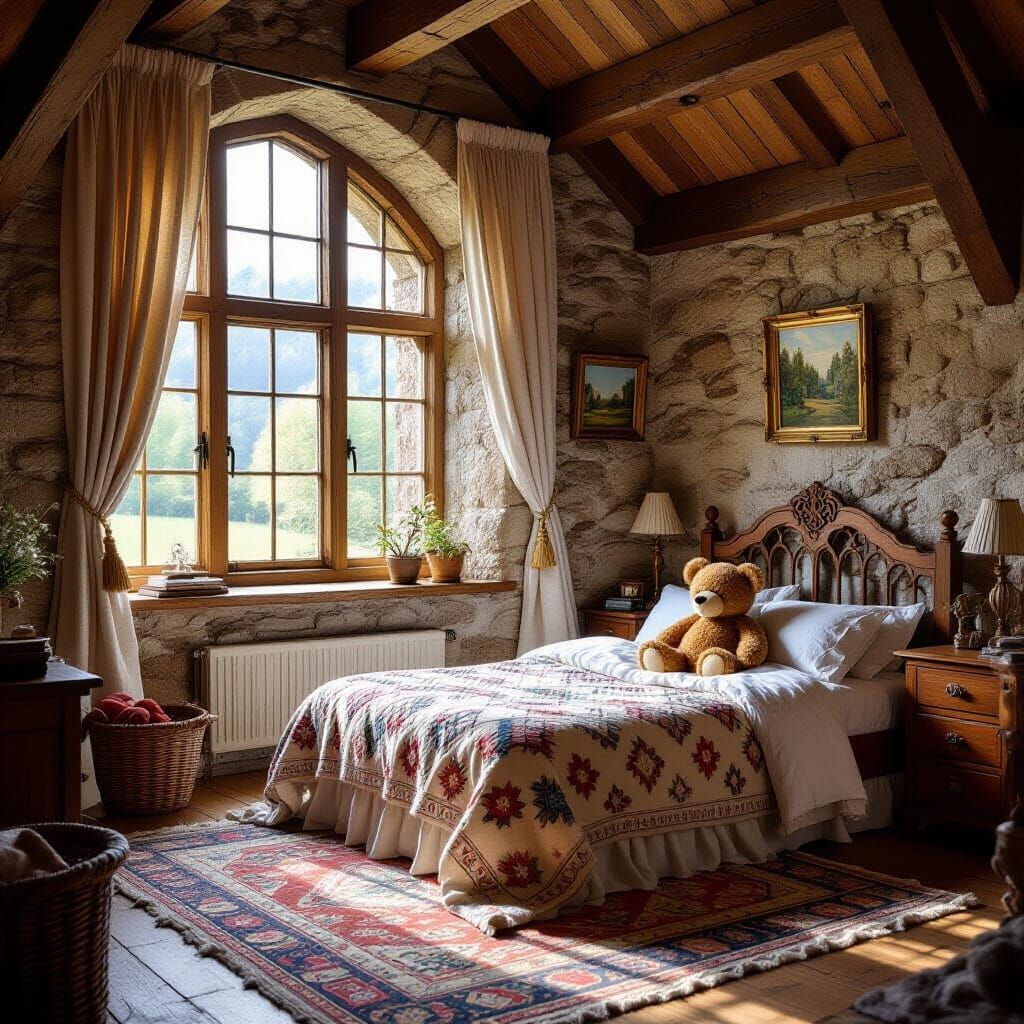 Medieval Girl's Bedroom with Teddy Bear, Soft Tonalist Style