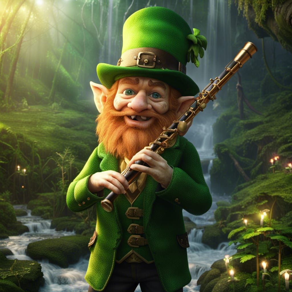 beautiful leprechaun playing a flute in a faerie glen hyperd...