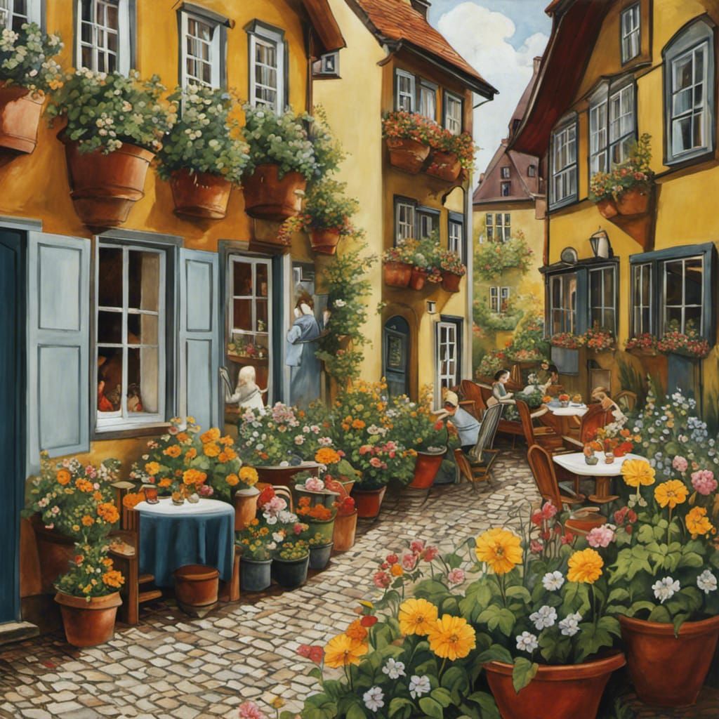 Charming German Courtyard Scene with Flowers
